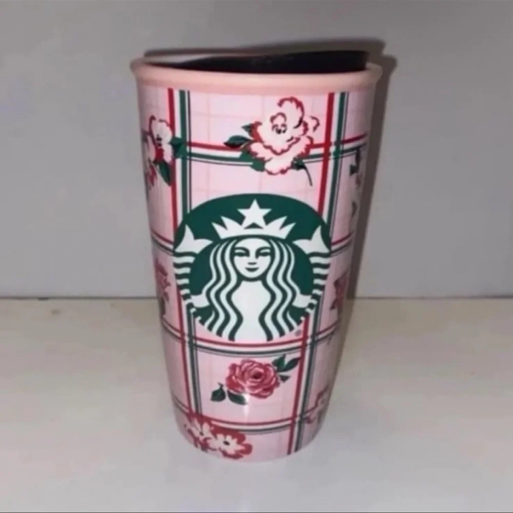 Starbucks Bando Double Walled Traveler 12 Oz Floral Pink Plaid Rose Tumb…